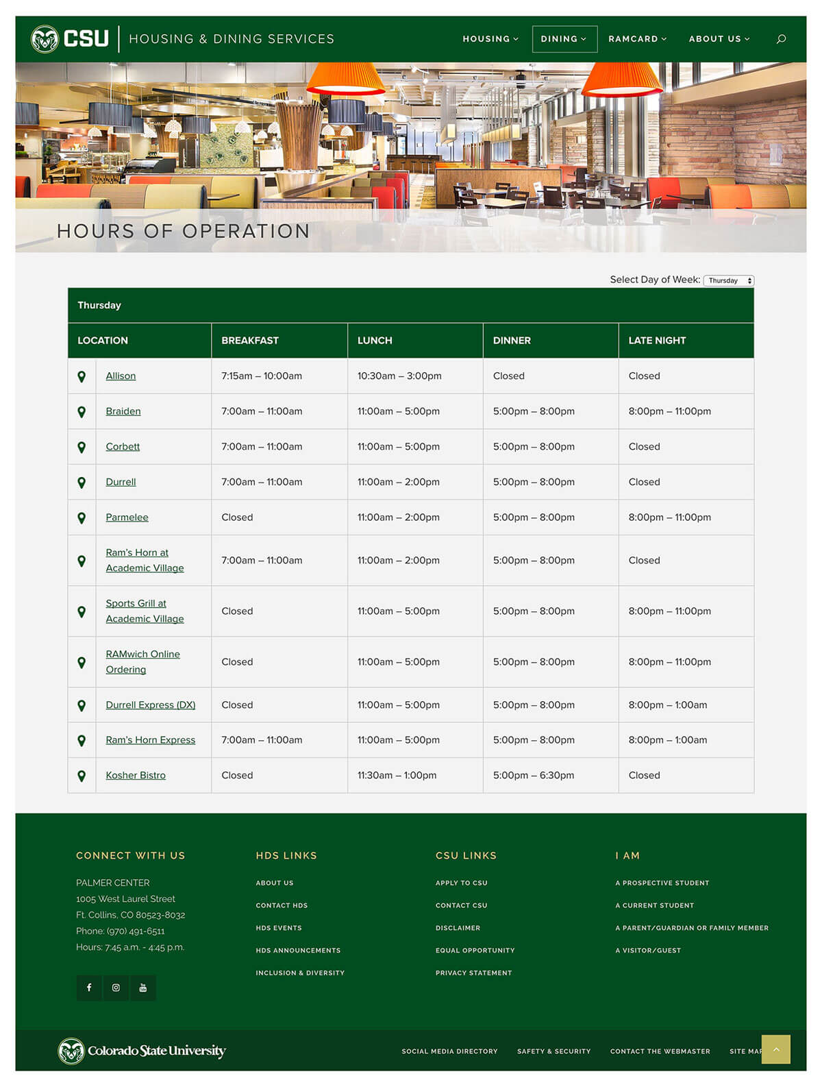 screenshot of Dining Hours of Operations webpage