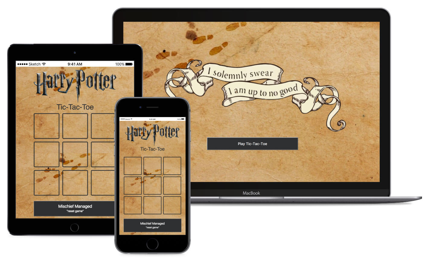 responsive design mockup of Harry Potter tic-tac-toe