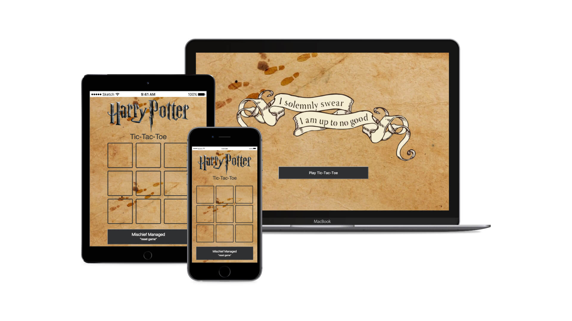 Harry Potter tic-tac-toe displayed on a laptop, tablet, and phone